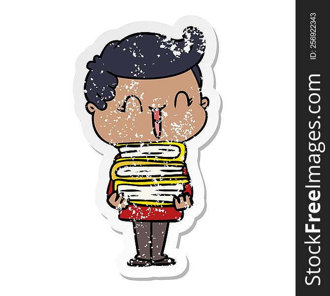 Distressed Sticker Of A Cartoon Laughing Boy Carrying Books