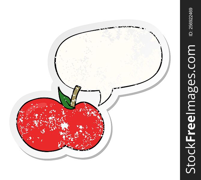 cartoon apple with speech bubble distressed distressed old sticker. cartoon apple with speech bubble distressed distressed old sticker