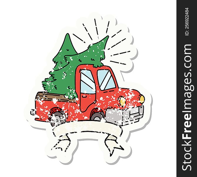 Grunge Sticker Of Tattoo Style Truck Carrying Trees