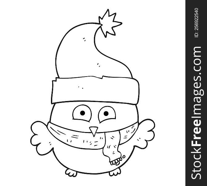 Black And White Cartoon Owl Wearing Christmas Hat