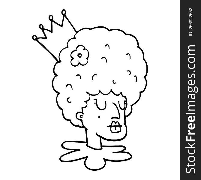 line drawing cartoon queen in makeup and huge wig