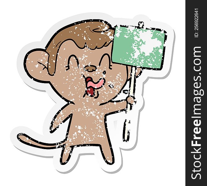 distressed sticker of a crazy cartoon monkey with sign
