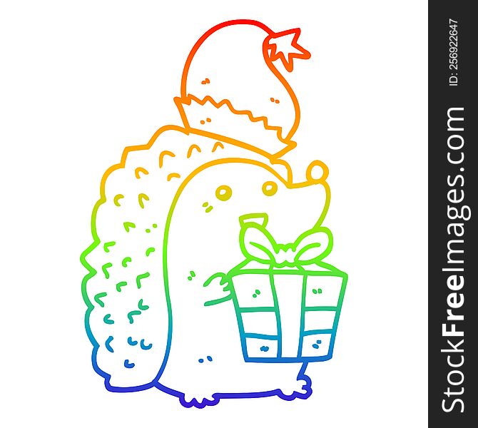 rainbow gradient line drawing of a cartoon hedgehog wearing christmas hat