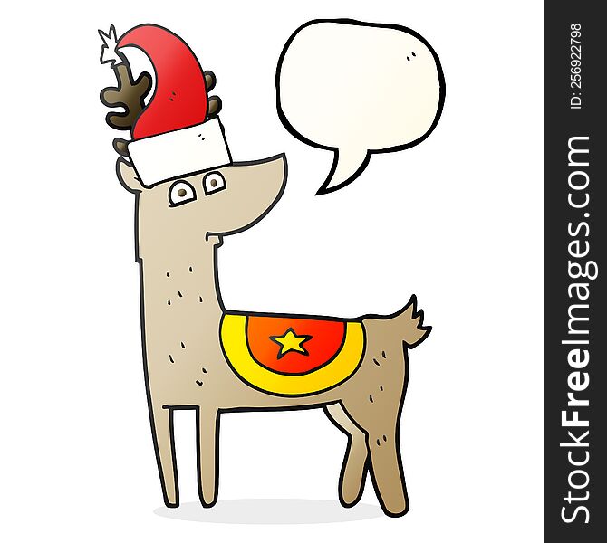 freehand drawn speech bubble cartoon reindeer wearing christmas hat