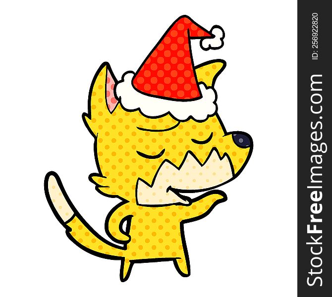 friendly hand drawn comic book style illustration of a fox wearing santa hat
