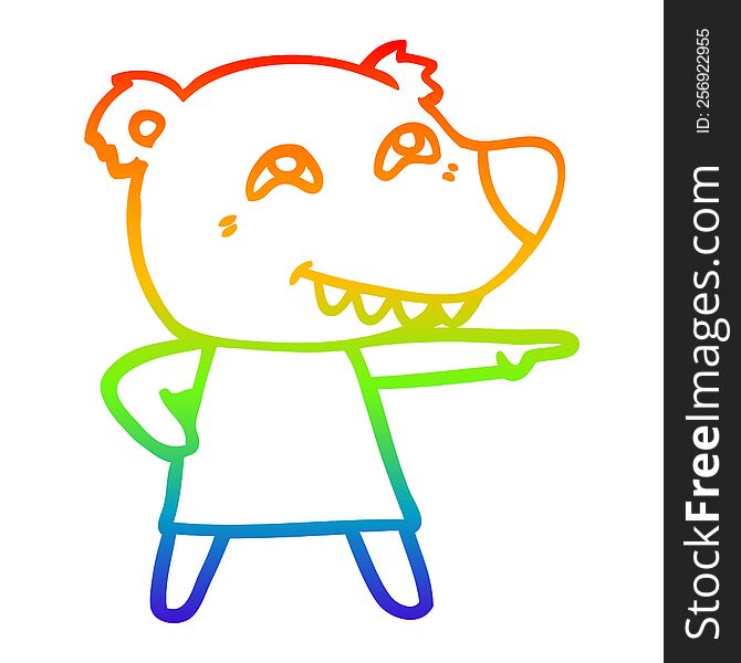 rainbow gradient line drawing of a cartoon pointing bear girl showing teeth