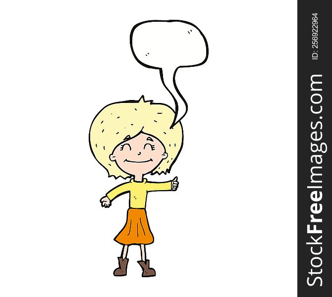 cartoon happy girl giving thumbs up symbol with speech bubble