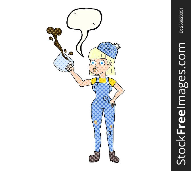 freehand drawn comic book speech bubble cartoon female worker with coffee mug