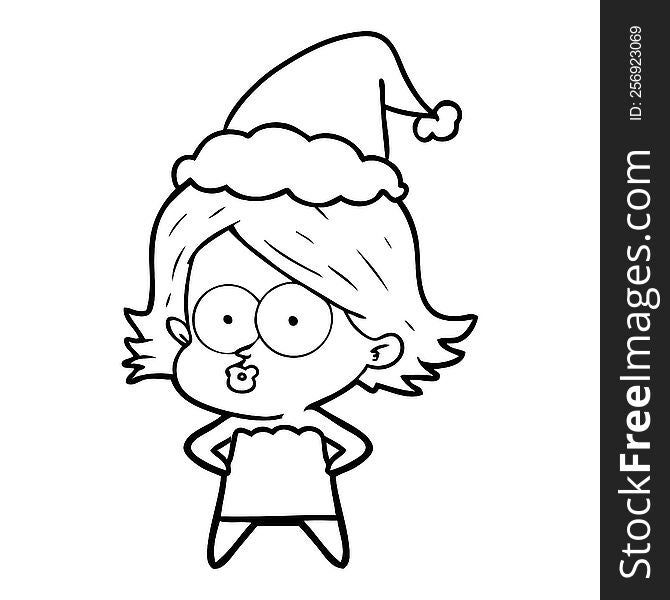 hand drawn line drawing of a girl pouting wearing santa hat