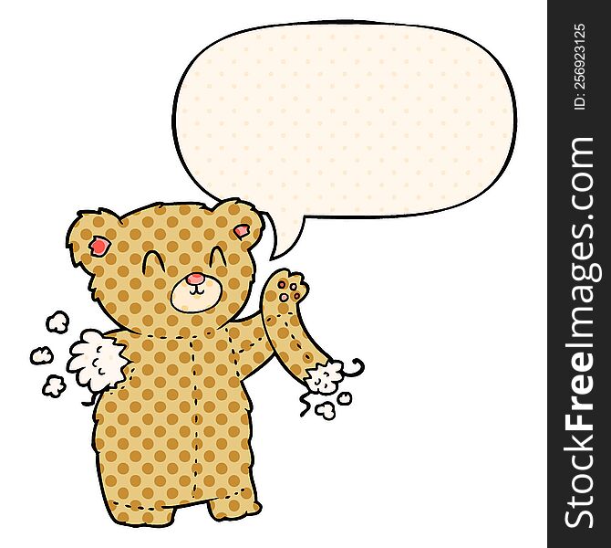 cartoon teddy bear with torn arm with speech bubble in comic book style. cartoon teddy bear with torn arm with speech bubble in comic book style