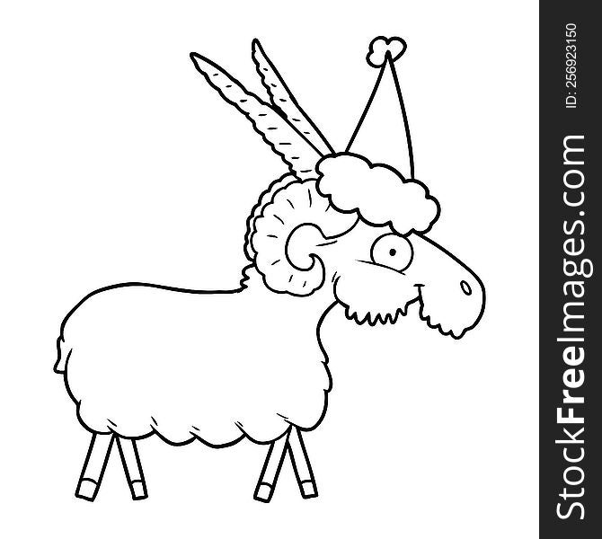 hand drawn line drawing of a goat wearing santa hat