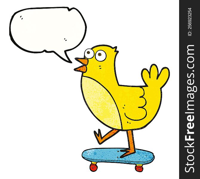 freehand speech bubble textured cartoon bird on skateboard