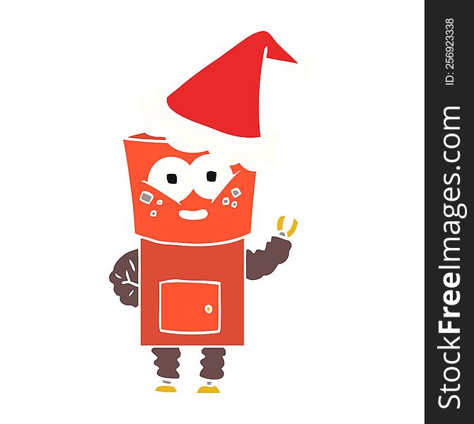 happy hand drawn flat color illustration of a robot waving hello wearing santa hat