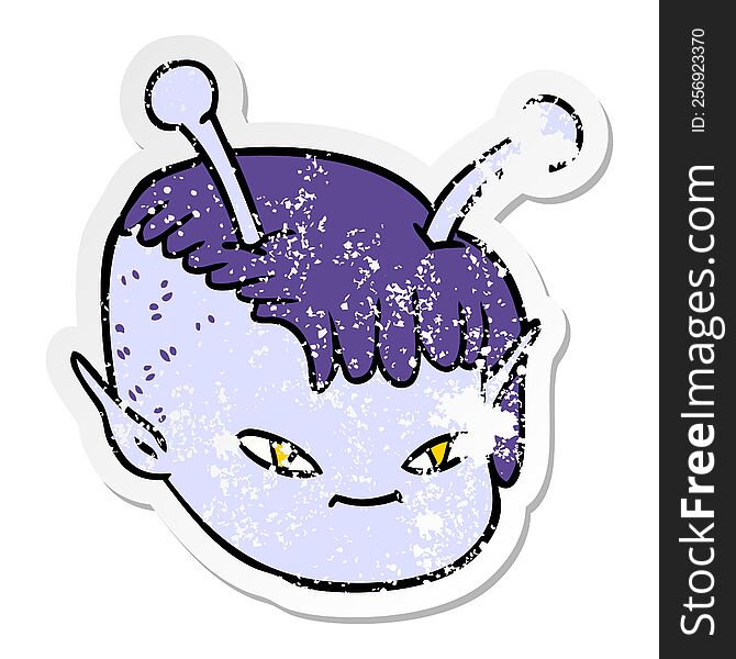 distressed sticker of a cartoon alien space girl face