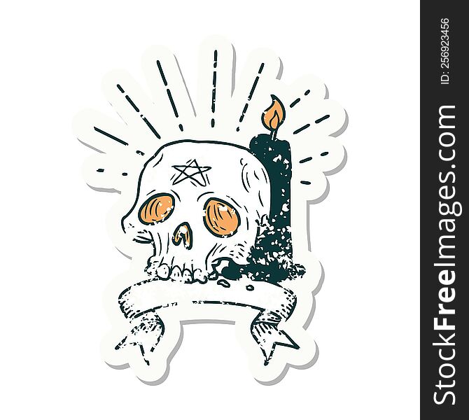 Grunge Sticker Of Tattoo Style Spooky Skull And Candle