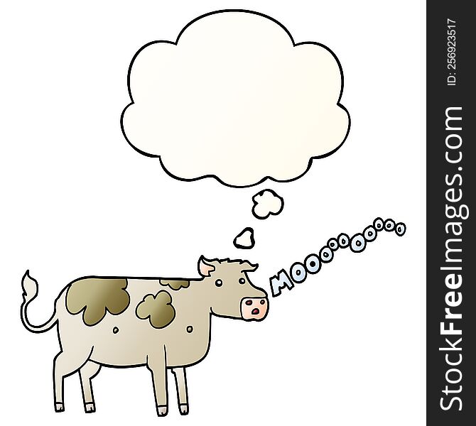 cartoon cow and thought bubble in smooth gradient style