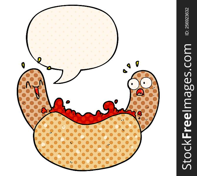 cartoon hotdog with speech bubble in comic book style