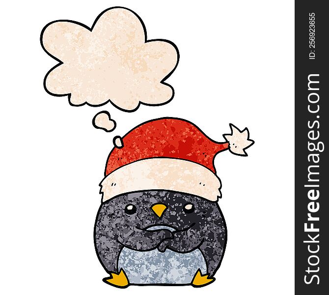 Cute Cartoon Penguin Wearing Christmas Hat And Thought Bubble In Grunge Texture Pattern Style