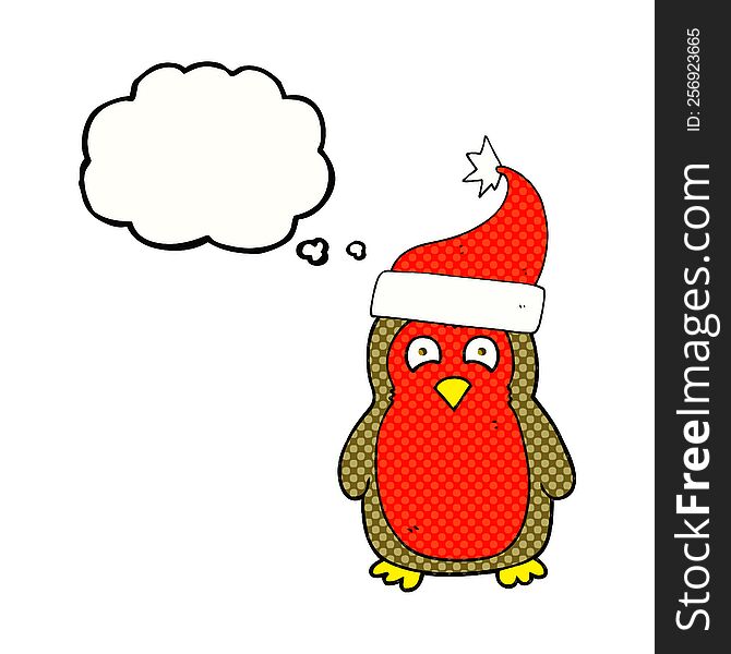 freehand drawn thought bubble cartoon christmas robin wearing christmas hat. freehand drawn thought bubble cartoon christmas robin wearing christmas hat