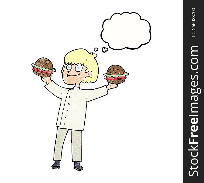 freehand drawn thought bubble textured cartoon chef with burgers