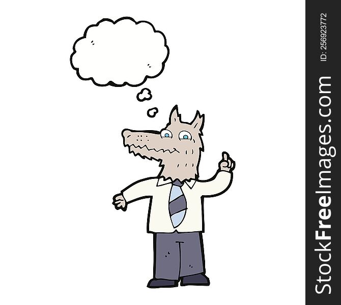 cartoon business wolf with idea with thought bubble