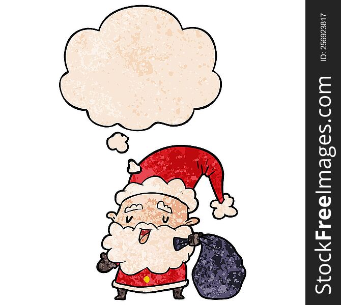 cartoon santa claus with sack with thought bubble in grunge texture style. cartoon santa claus with sack with thought bubble in grunge texture style