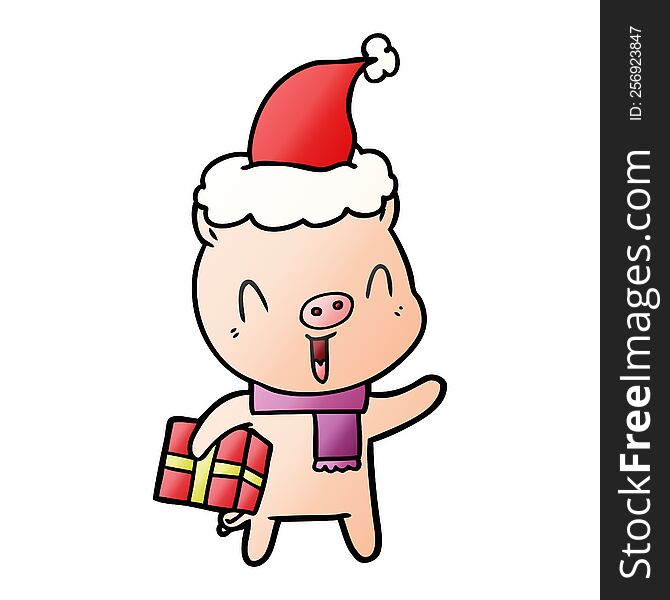 Happy Gradient Cartoon Of A Pig With Xmas Present Wearing Santa Hat