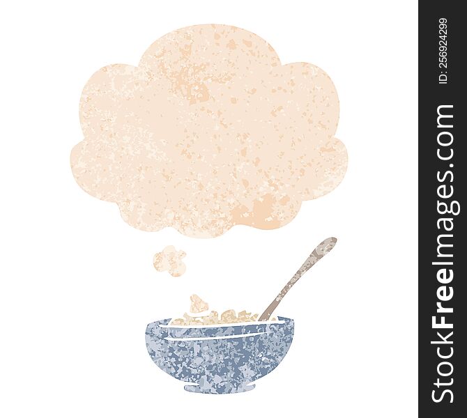 cartoon bowl of rice with thought bubble in grunge distressed retro textured style. cartoon bowl of rice with thought bubble in grunge distressed retro textured style