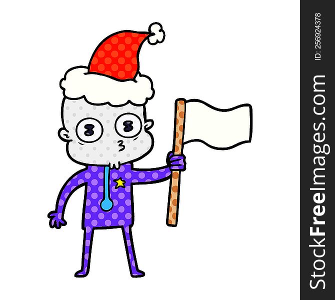 hand drawn comic book style illustration of a weird bald spaceman with flag wearing santa hat