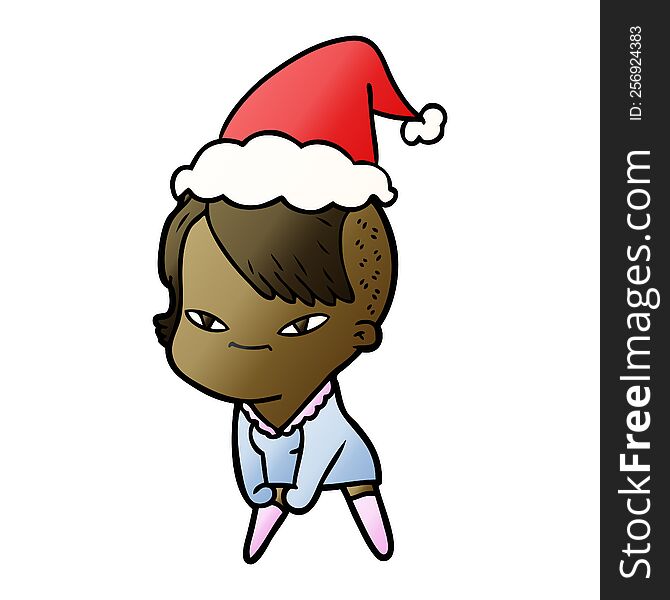 cute hand drawn gradient cartoon of a girl with hipster haircut wearing santa hat