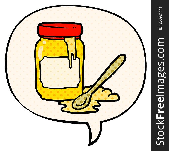 cartoon jar of honey with speech bubble in comic book style