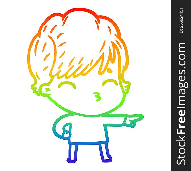 Rainbow Gradient Line Drawing Cartoon Woman Thinking