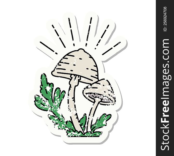 worn old sticker of a tattoo style mushrooms. worn old sticker of a tattoo style mushrooms