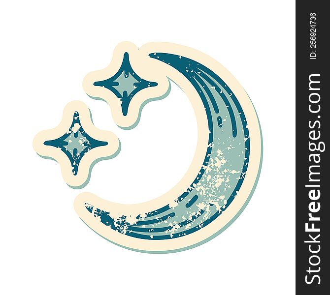 iconic distressed sticker tattoo style image of a moon and stars. iconic distressed sticker tattoo style image of a moon and stars