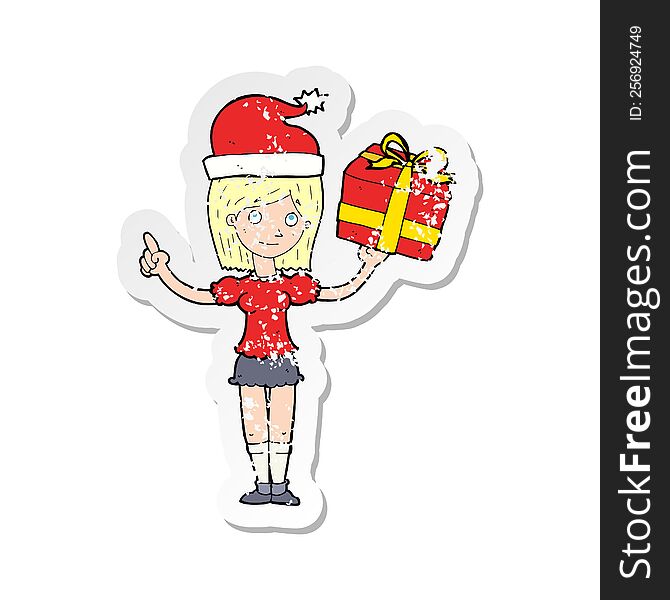 Retro Distressed Sticker Of A Cartoon Woman With Gifts