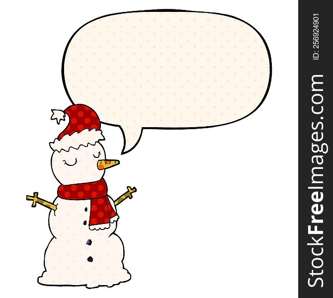 cartoon snowman with speech bubble in comic book style