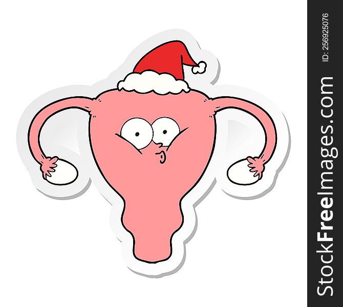 hand drawn sticker cartoon of a uterus wearing santa hat