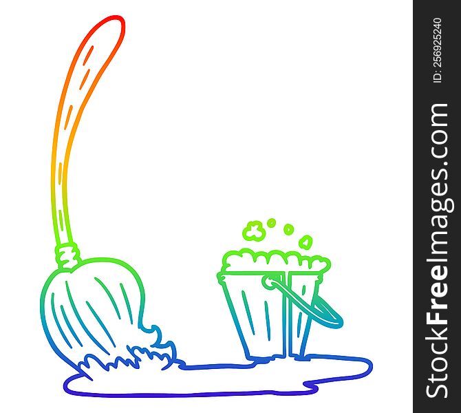 Rainbow Gradient Line Drawing Cartoon Mop And Bucket