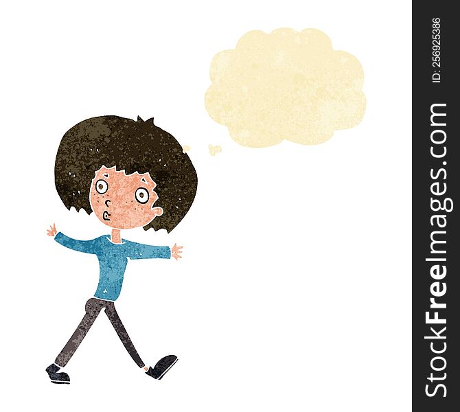 cartoon surprised man walking with thought bubble