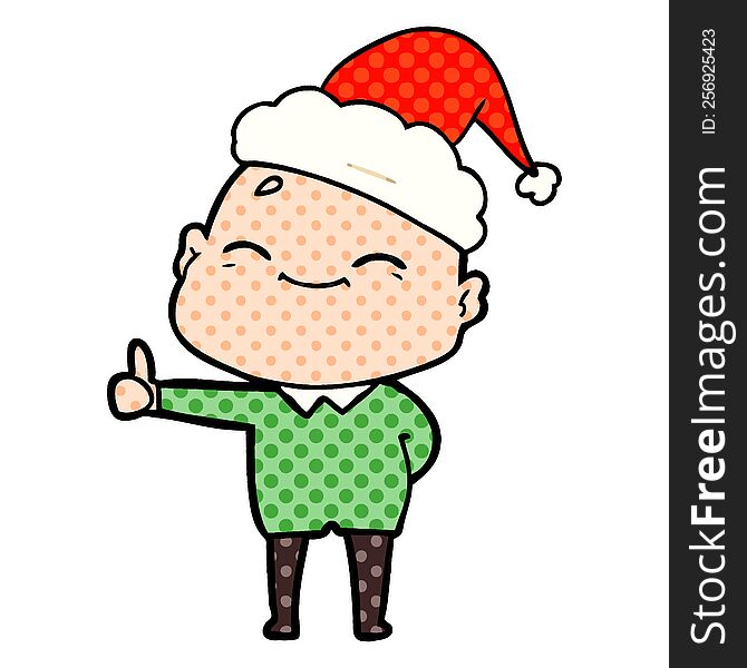 Happy Comic Book Style Illustration Of A Bald Man Wearing Santa Hat
