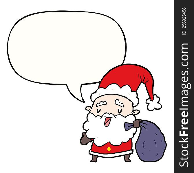 cartoon santa claus carrying sack of presents with speech bubble