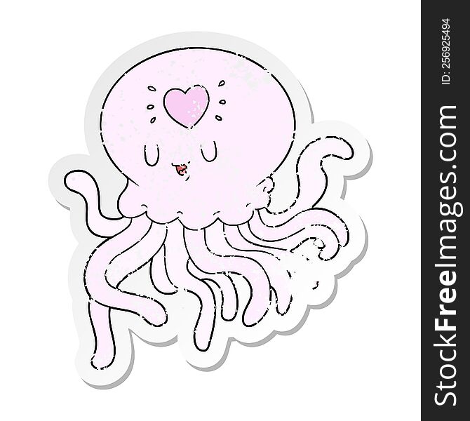 distressed sticker of a cartoon jellyfish in love
