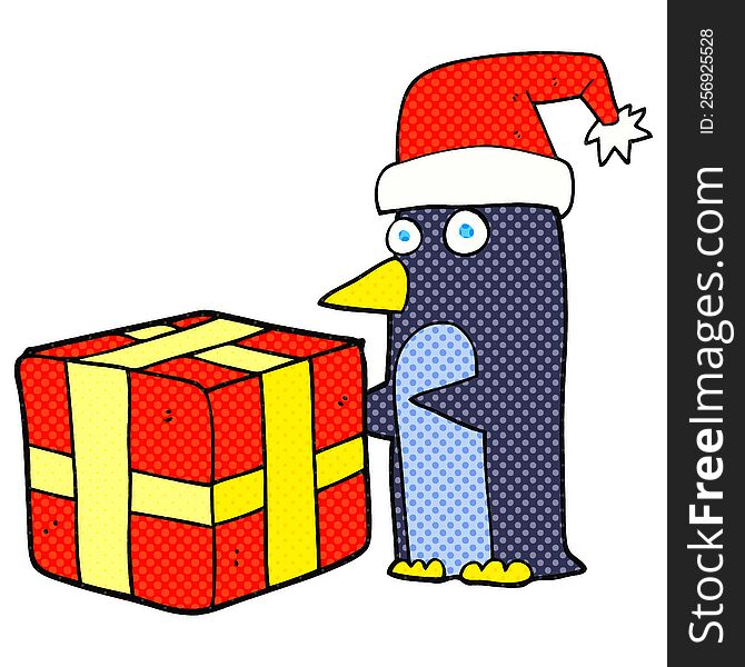 freehand drawn cartoon christmas penguin with present
