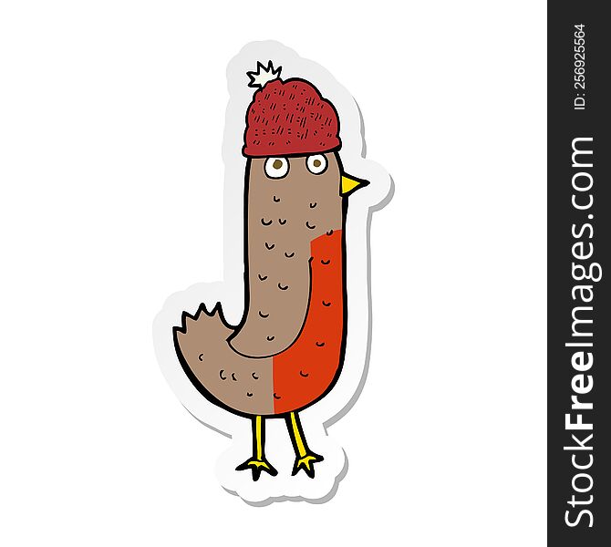 Sticker Of A Cartoon Christmas Robin Wearing Hat