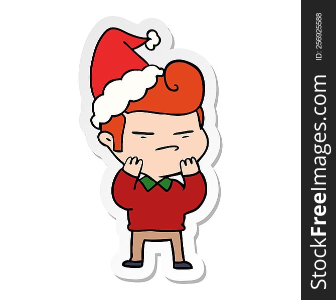 hand drawn sticker cartoon of a cool guy with fashion hair cut wearing santa hat