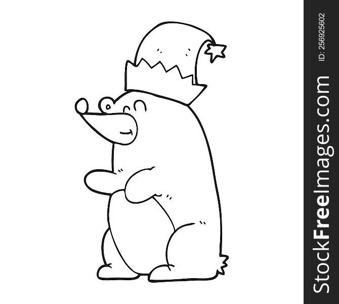 black and white cartoon bear wearing christmas hat