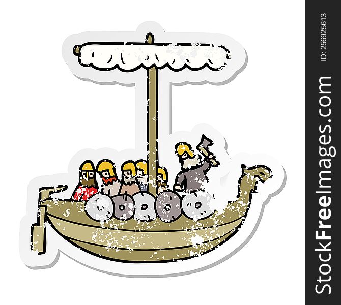distressed sticker of a cartoon vikings sailing