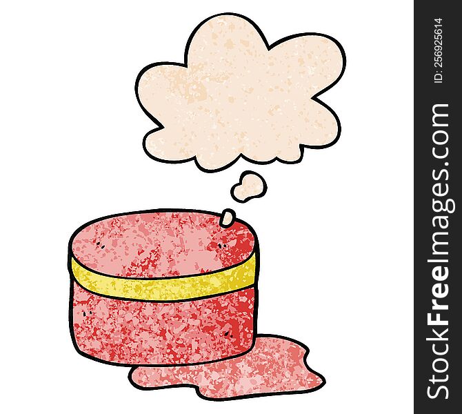 cartoon beauty lotion tub and thought bubble in grunge texture pattern style