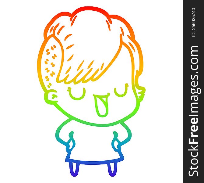 rainbow gradient line drawing of a cute cartoon girl with hipster haircut