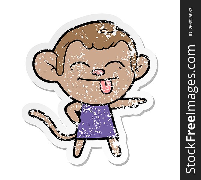 distressed sticker of a funny cartoon monkey pointing